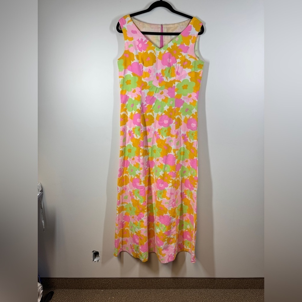 Vintage Handmade 70s Floral Maxi Dress Pink Orange Green Cotton V-Neck Zip Back - Picture 2 of 15